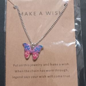 Butterfly Pendant Necklace - Pink and Blue